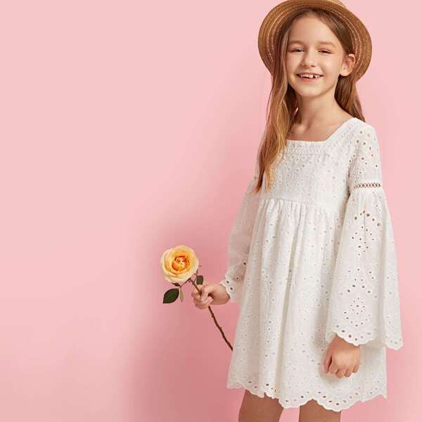 

Girls Zip Back Bell Sleeve Scallop Hem Schiffy Dress, White