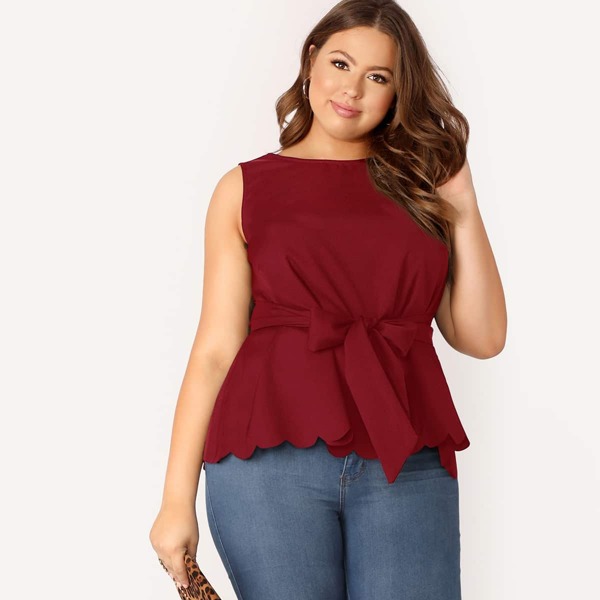 

Scalloped Hem Sleeveless Belted Top