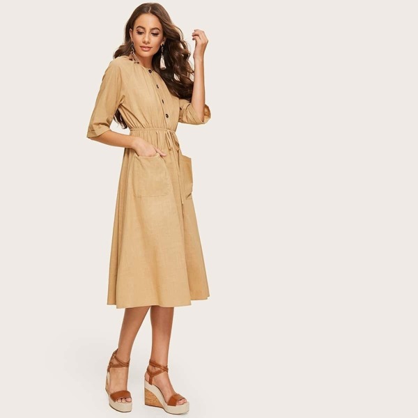 

Gathered Neck Button Front Pocket Drawstring Dress, Khaki