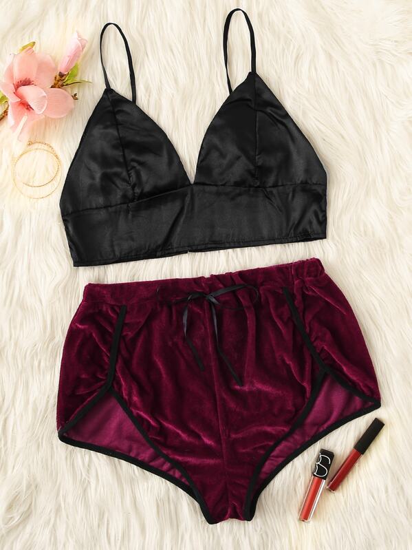

Satin Bra With Velvet Shortie Lingerie Set, Multicolor