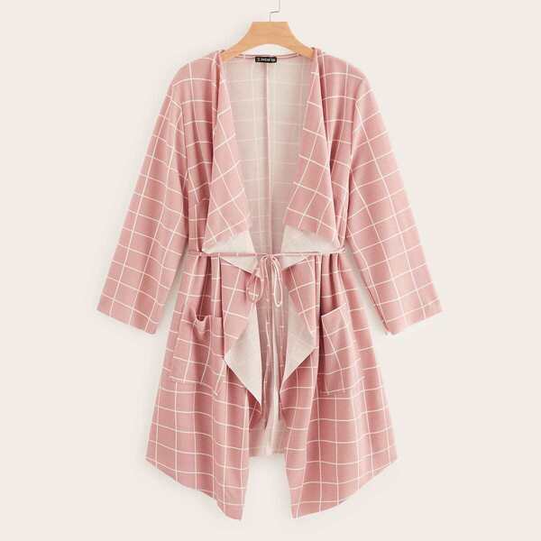 

Plus Waterfall Pocket Front Grid Belted Coat