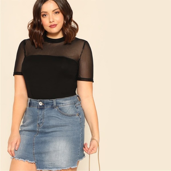 

Plus Mock Neck Striped Mesh Yoke Top