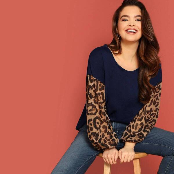 

Plus Contrast Leopard Balloon Sleeve Top