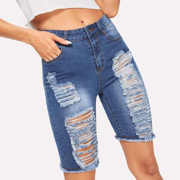 

Zip Fly Ripped Denim Shorts