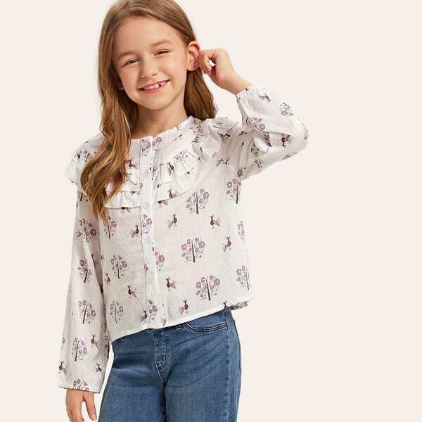

Girls Peacock and Tree Print Ruffle Trim Shirt, White