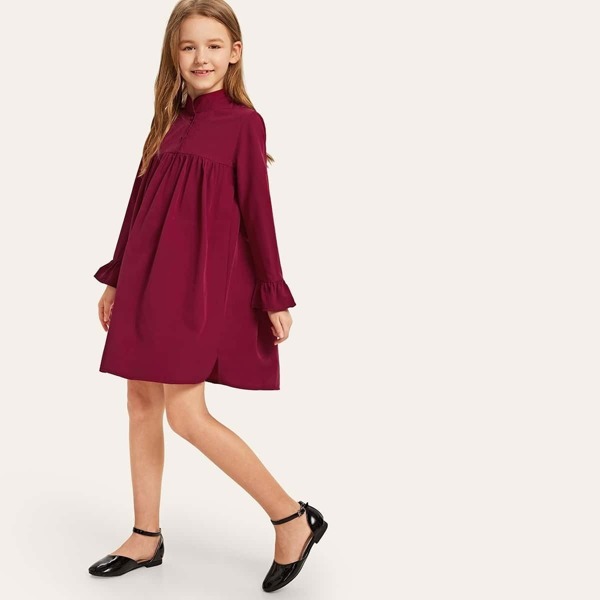 

Girls Flounce Sleeve Buttoned Mock-neck Babydoll Dress