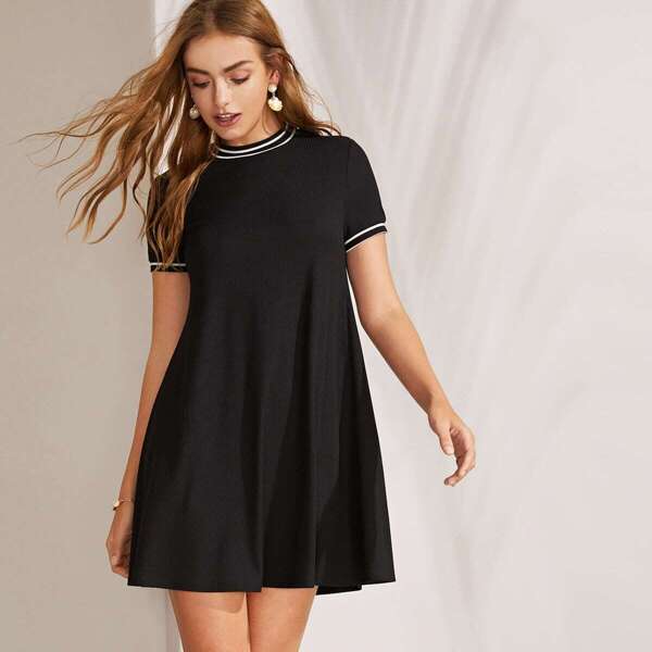 

Striped Trim Ribbed Trapeze Tee Dress