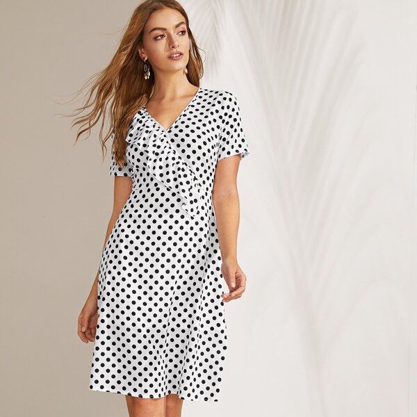 

Ruffle Embellished Polka Dot Dress, Black and white