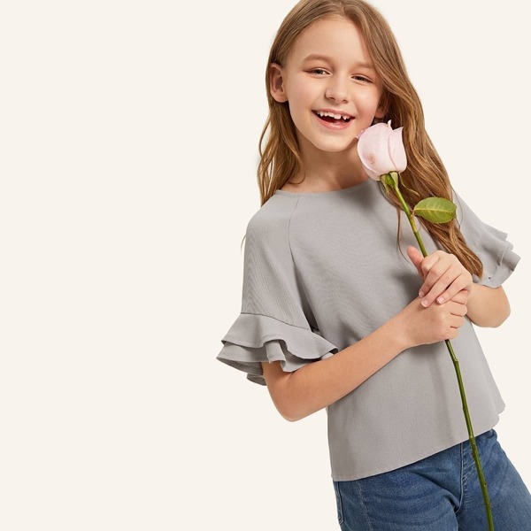 

Girls Raglan Sleeve With Ruffle Cuff Solid Top, Grey