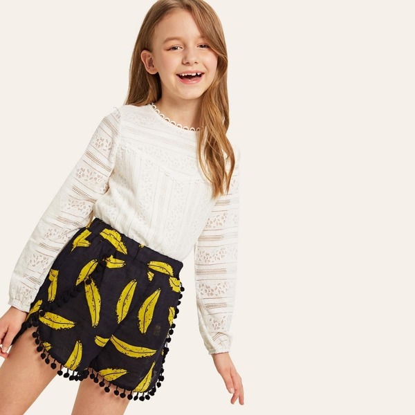 

Girls Pompom Detail Banana Print Shorts, Black