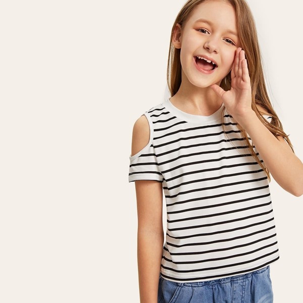 

Girls Cold Shoulder Striped T-shirt