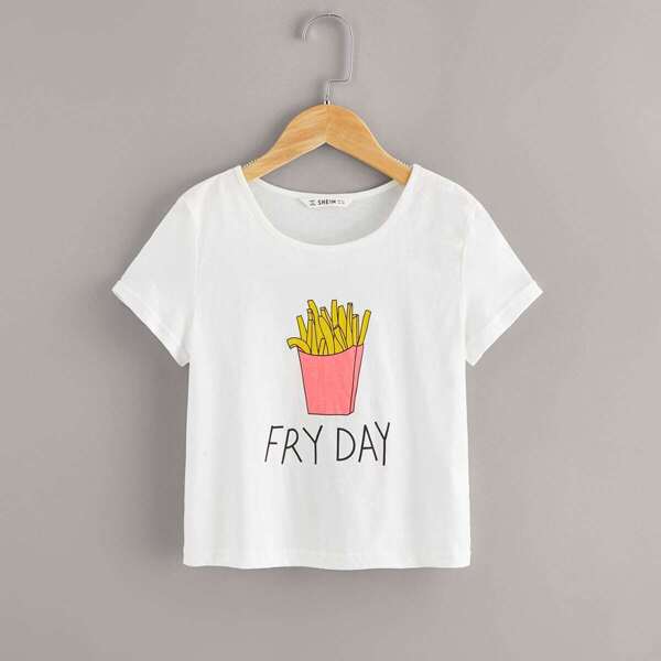 

Girls French Fries & Letter Print Tee, White