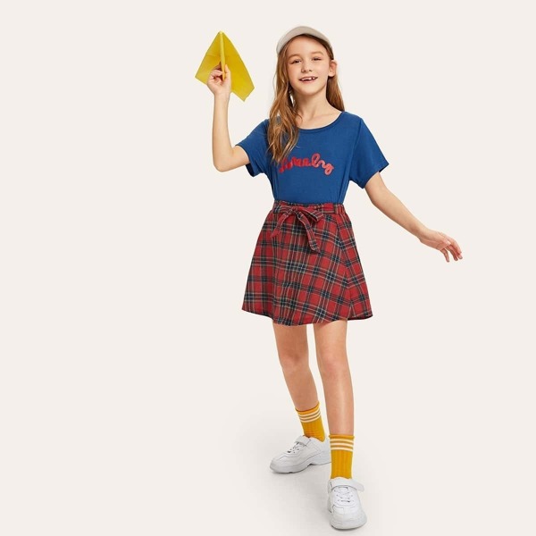 

Girls Letter Print Top & Tartan Skirt Set, Multicolor