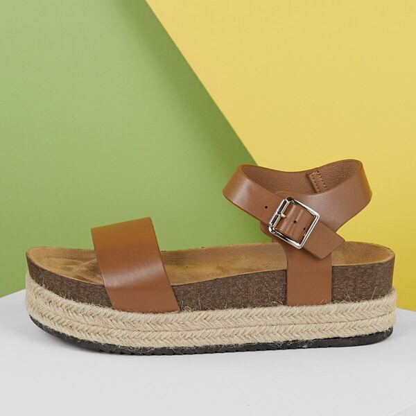 

Buckled Ankle Open Toe Footbed Flatform Sandals, Brown