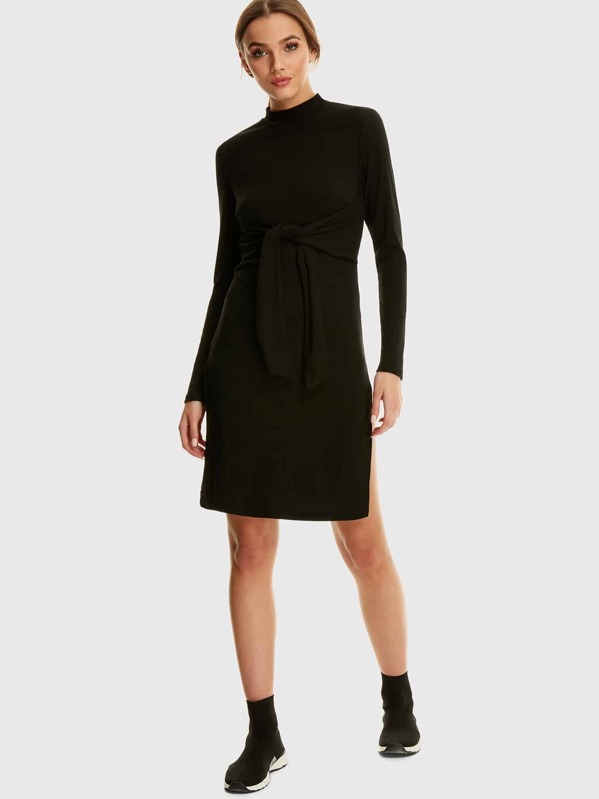 

Rib-knit High Split Self Tie Dress, Black, Gracea
