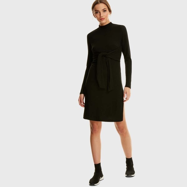 

Rib-knit High Split Self Tie Dress