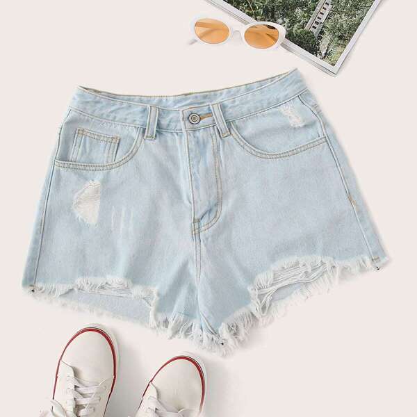 

Ripped Raw Hem Stitch Detail Denim Shorts, Blue