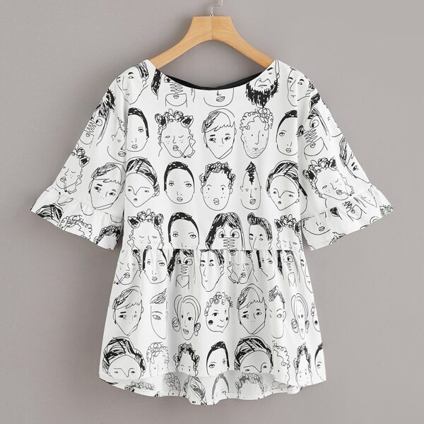 

Plus Figure Print Knot Back Blouse, Black and white