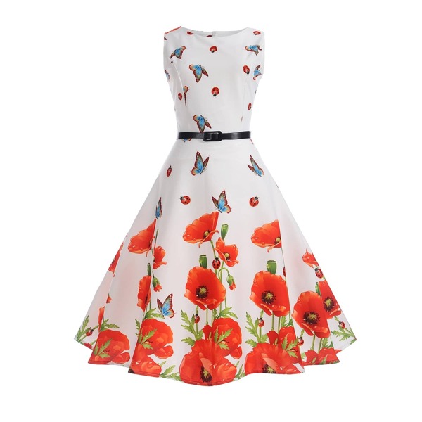 

50s Floral Print Belted Dress, Multicolor