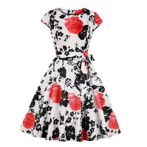 

50s Floral Print Self Tie Zipper Dress