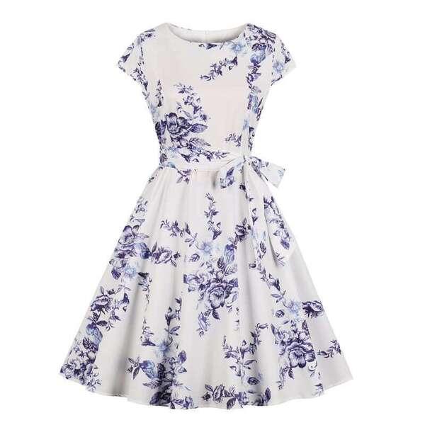 

50s Floral Print Self Tie Zipper Dress, Multicolor