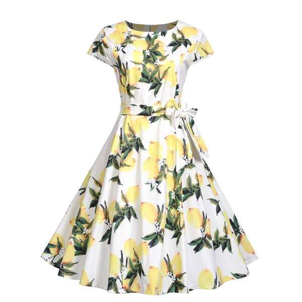 

50s Lemon Print Belted Dress