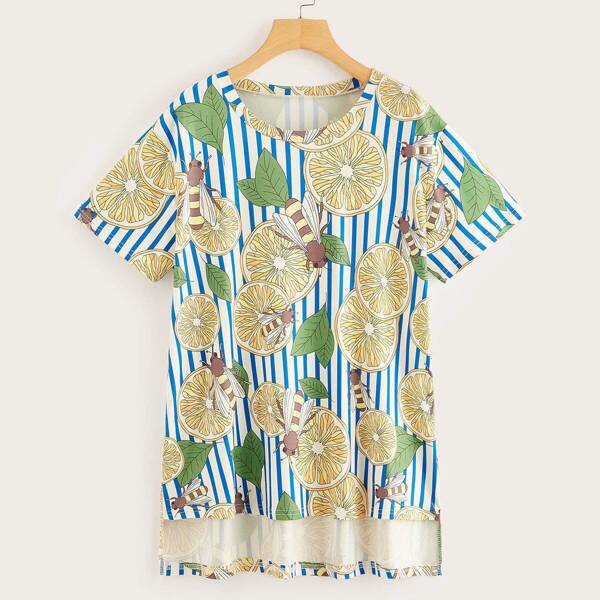 

Plus High Low Fruit Print Striped Tee