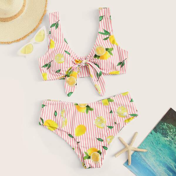 

Random Striped and Lemon Print Knot Bikini Set, Multicolor