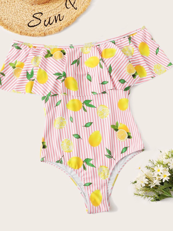 

Random Fruit & Striped Flounce Bardot One Piece Swimsuit, Multicolor