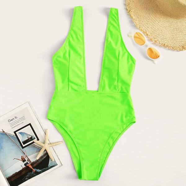 

Neon Lime Plunging One Piece Swimsuit