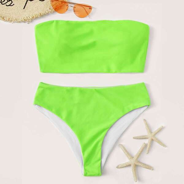 

Neon Lime Bandeau With High Leg Bikini Set, Green bright
