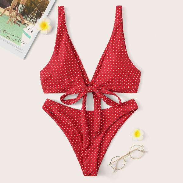 

Dot Print Plunging Top With High Cut Bikini, Red bright
