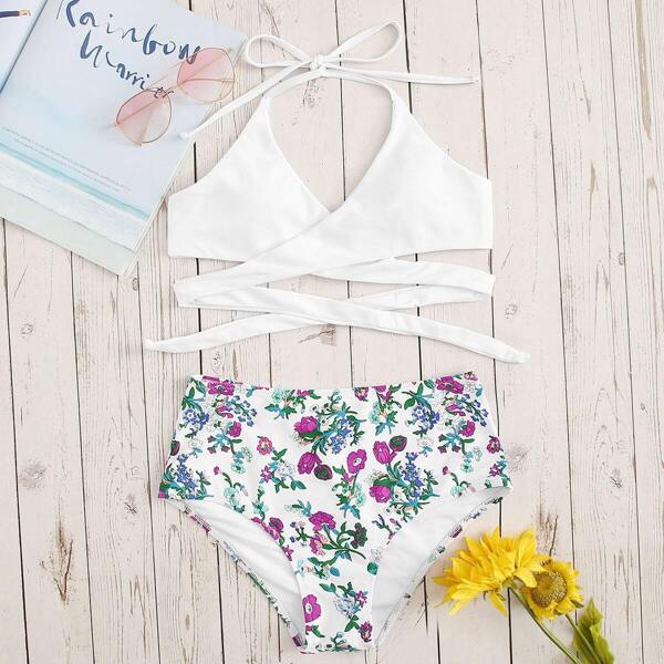 

Criss-cross Surplice Halter Top With Floral Print Bikini