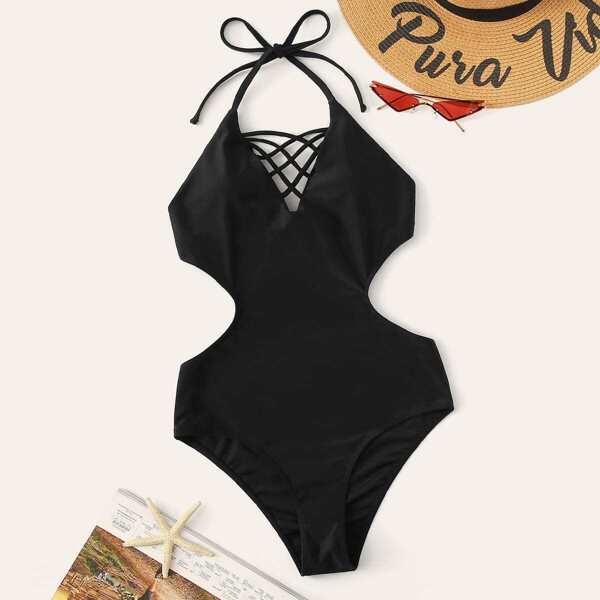 

Criss-cross Cut-out Tie Back One Piece Swimwear