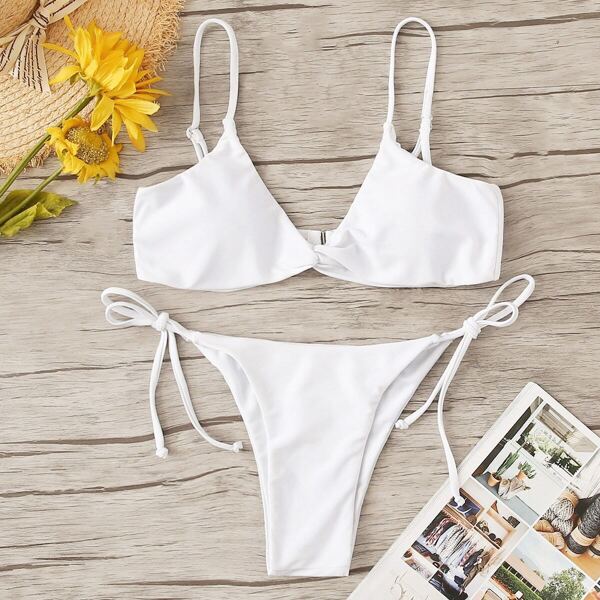 

Twist Top With Self Tie Side Bikini Set, White