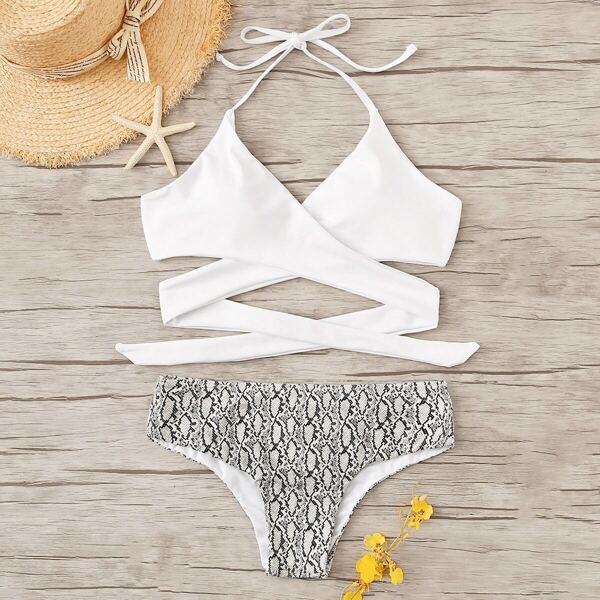 

Wrap Halter Top With Snake Print Bikini Set
