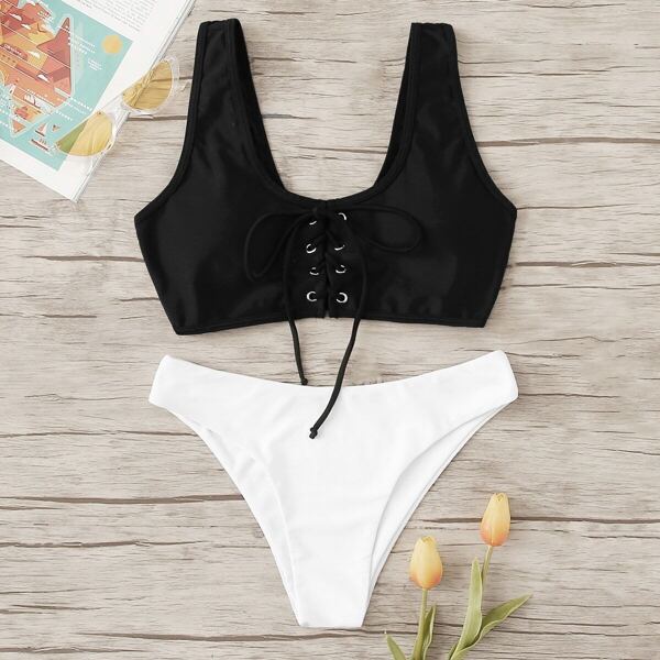 

Lace-up Scoop Neck Top With Panty Bikini