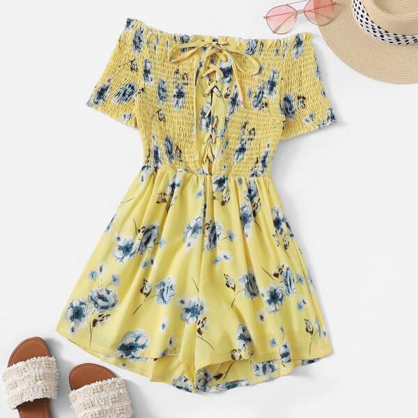 

Floral Print Shirred Off The Shoulder Romper