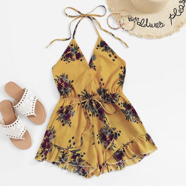 

Floral Print Drawstring Waist Ruffle Hem Halter Romper