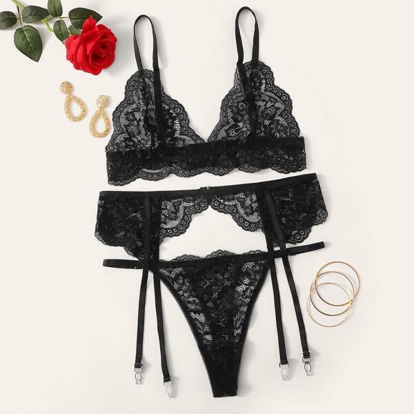 

Floral Lace Garter Lingerie Set