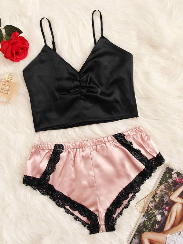 

Lace Trim Satin Lingerie Set, Multicolor