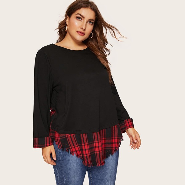 Plus Contrast Plaid Curved Raw Hem Top