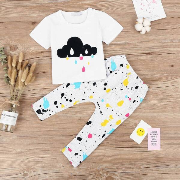 

Toddler Girls Cloud Print Tee With Paint Drip Print Pants, White