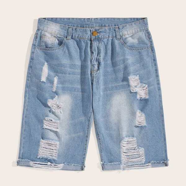 

Men Ripped Roll Up Hem Denim Shorts, Light wash
