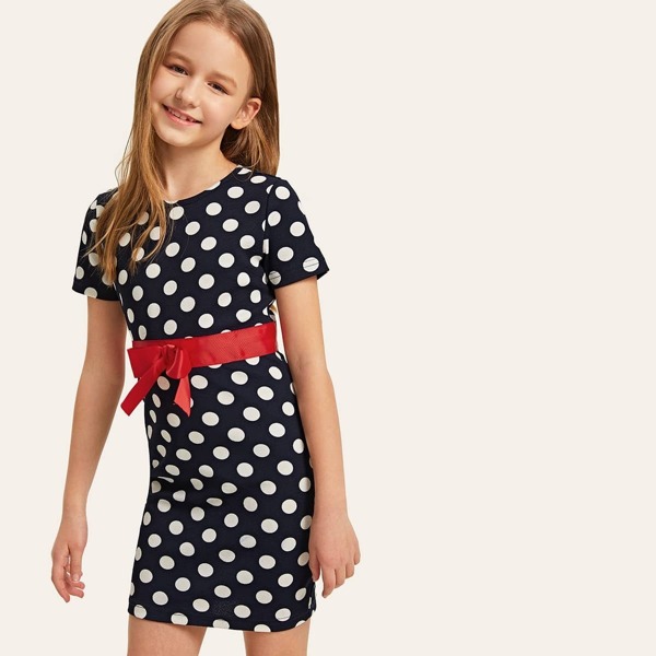 

Girls Bow Belt Detail Polka Dot Dress