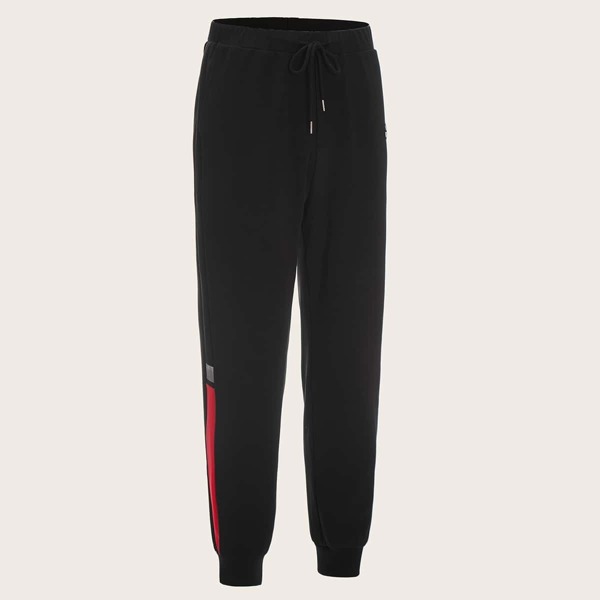 

Men Patch Detail Drawstring Waist Contrast Side Jogger Pants, Black