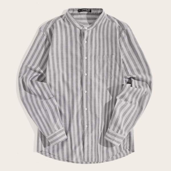 

Men Single Pocket Band Collar Striped Shirt