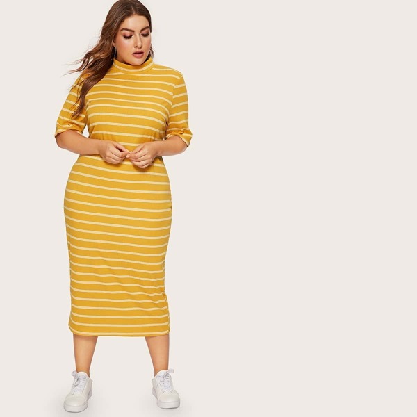 

Plus Mock Neck Striped Rib-knit Dress