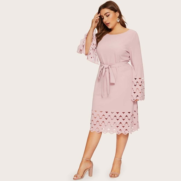 

Plus Split Bell Sleeve Laser Cut Belted Dress