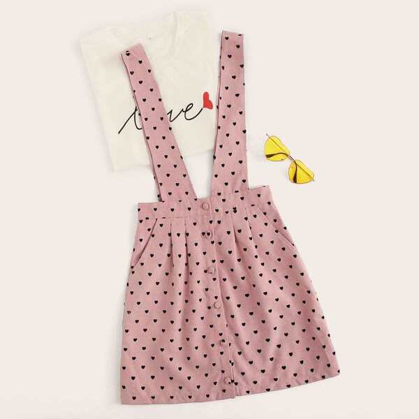 

Heart Print Button Up Box Pleat Overall Skirt